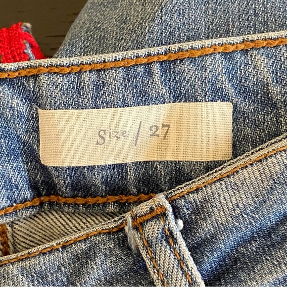 Pilcro Anthropologie Cropped Jeans 27 Blue Denim Pom Pom Embroidered Boho Chic - Picture 7 of 9
